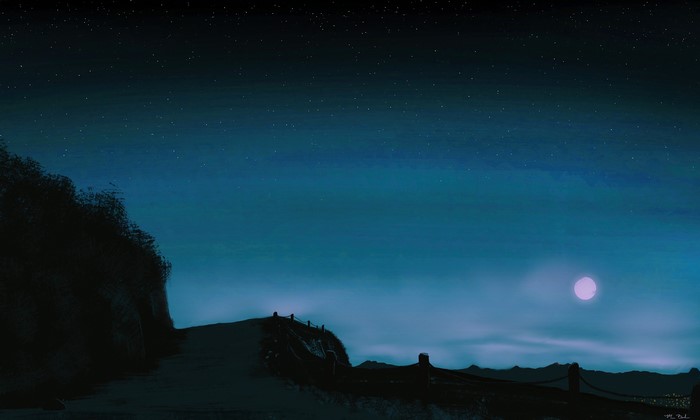 moonlight, digital, painting, landscape, mountains, night