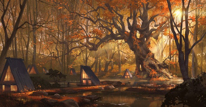 fall, cabin, lake, nature, trees, forest, artwork