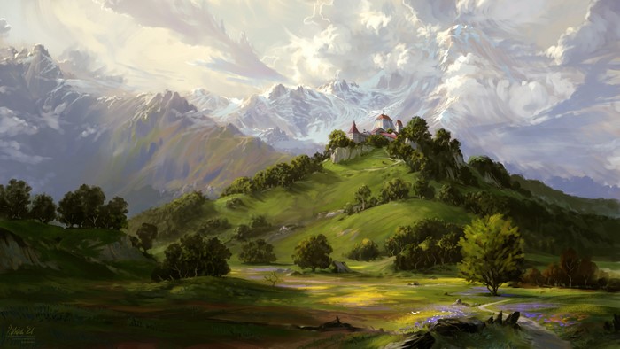 4K, digital art, artwork, mountain top, trees, monastery, Philipp A. Ulrich, nature, chapel, mountains
