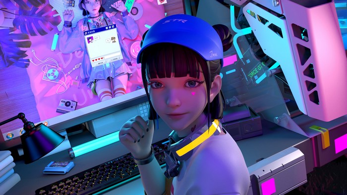 4K, monitor, computer, anime, hat, keyboards, brunette, anime girls, women with hats, JYANME, looking at viewer, painted nails