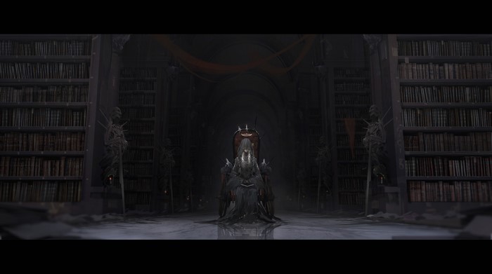 library, candles, artwork, sword, reflection, novelance, throne, frontal view, anime girls, anime, centered