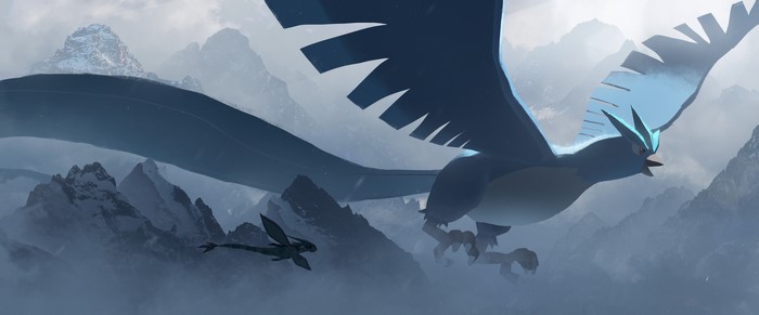 4K Articuno and Flygon Soaring Above Mountains
