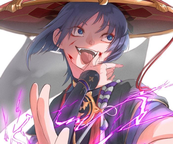 Scaramouche (Genshin Impact) with blood and lightning
