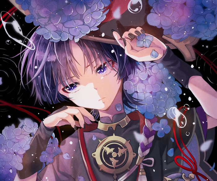 Scaramouche Genshin Impact with Hydrangeas