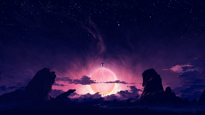 sky, digital painting, Voyager, landscape, night, BisBiswas, astronaut, mountains, clouds