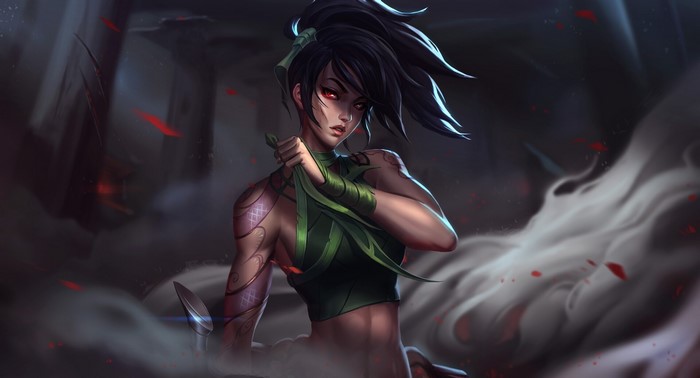 League of Legends, smoke, drawing, wind, body paint, Unstable Anomaly, dark hair, green clothing, red eyes, Akali(League of Legends)