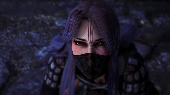 nioh 2, game characters, anime, purple eyes, video games, purple background, nioh, Girl Warrior, depth of field