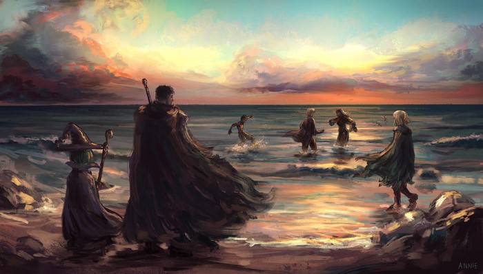 Berserk Characters by the Ocean at Sunset