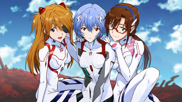 4K, anime girls, bodysuit, Asuka Langley Soryu, anime, Ayanami Rei, eyepatches, Makinami Mari Illustrious, glasses, plugsuit, Neon Genesis Evangelion