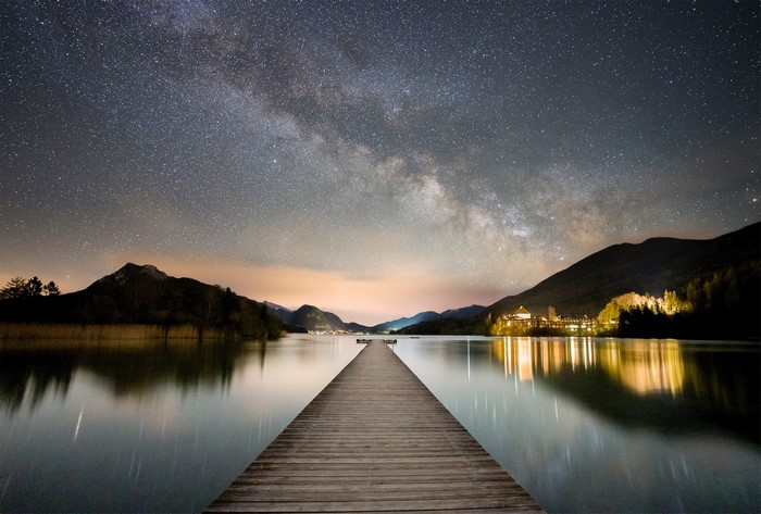 lake, reflection, starry night, mountains, landscape