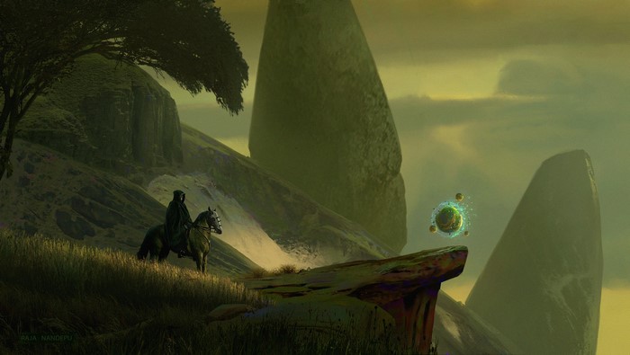 fantasy art, artwork, landscape, horse, trees