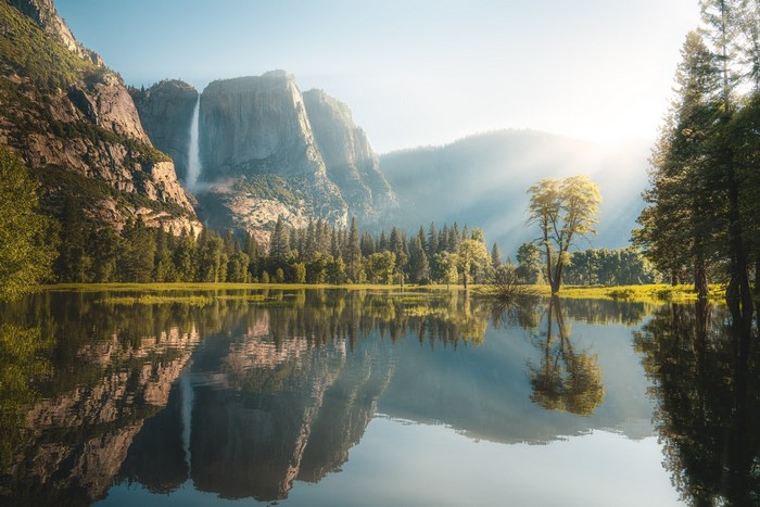 nature, rock, California, landscape, lake, USA, Yosemite National Park, reflection, Yosemite Falls, mountains, outdoors, trees