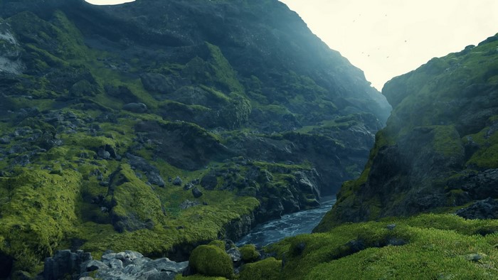 Scenic Green Mountains and River in Death Stranding