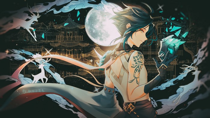 Xiao from Genshin Impact with Full Moon
