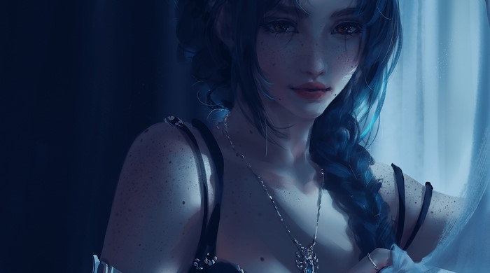 4K, indoors, face, artwork, women, necklace, fantasy girl, cropped, fantasy art, red lipstick, looking at viewer, freckles, women indoors, long hair, ArtStation, portrait, blue hair, Nixeu