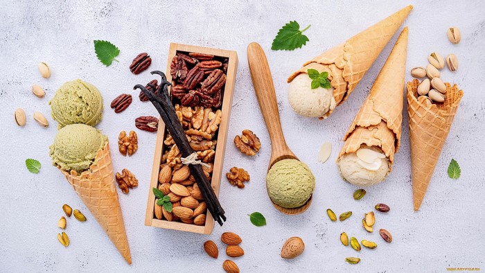 ice cream, sweets, nuts, food