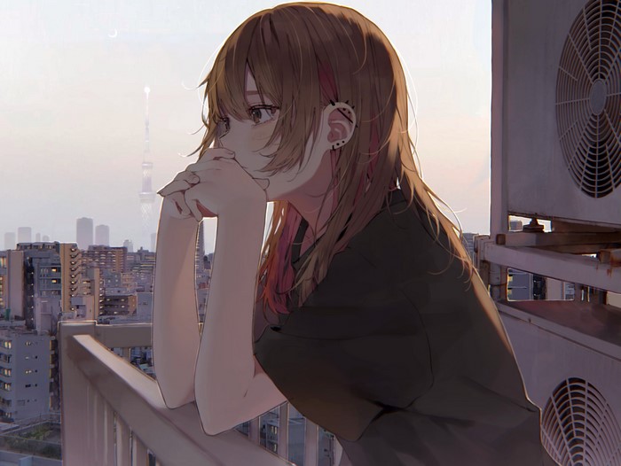 Daluto, balcony, anime girls, looking into the distance, side view, multi-colored hair, hands crossed, brunette, brown eyes, piercing, air conditioning, anime, original characters, 2D