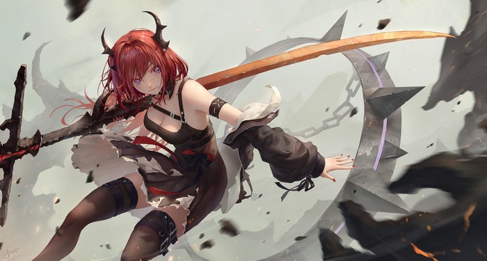 bangs, fantasy girl, anime, Jay Xu, redhead, drawing, horns, artwork, black stockings, fan art, illustration, shoulder length hair, armlet, sword, video games, anime girls, jacket, Surtr (Arknights), stockings, digital art, video game girls, 2D, dress, Arknights, thigh strap, fantasy art, cleavage