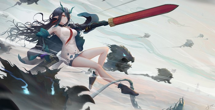 anime girls, drawing, fan art, sword, 2D, thighs, tail, illustration, digital art, artwork, pointed ears, Dusk (Arknights), Jay Xu, video game girls, dress, horns, fantasy girl, long hair, Arknights, video games, anime, fantasy art