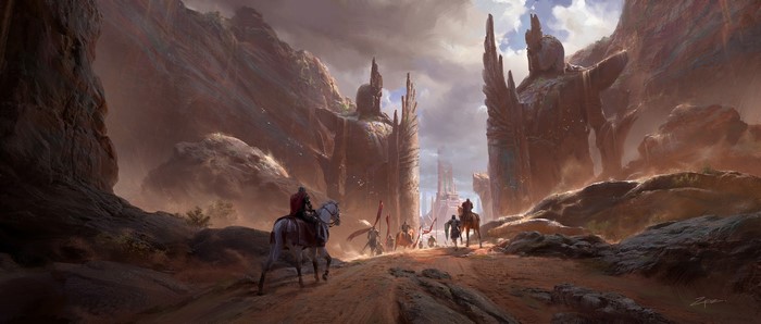 knight, canyon, horse, artwork, statue, fantasy art