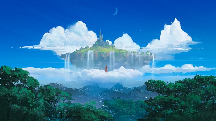 Moon, fantasy art, standing, clouds, forest, fantasy girl, sky, alone, castle, digital art, nature, mountains, artwork, birds