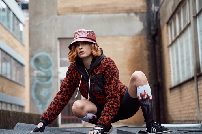 Sophie Simnett in Red Plaid Bucket Hat