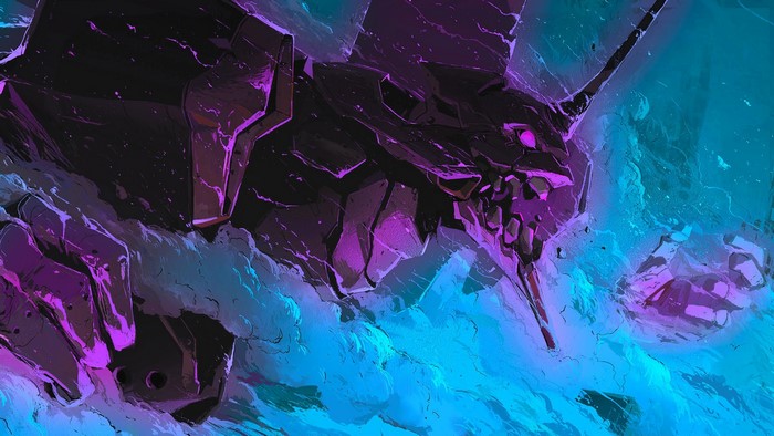 Neon Genesis Evangelion, cyan, robot, mech, Evangelion Unit-01, EVA Unit 01, artwork, purple, blue