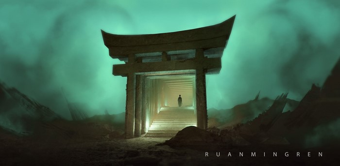 fantasy art, torii, Asian architecture, artwork, green