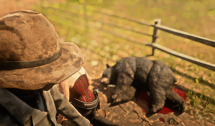 red corset, black bear, Red Dead Redemption 2, footprints, Bleeding, Online games, Saint Denis (Red Dead Redemption 2)