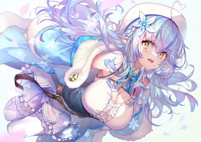 4K, yellow eyes, cleavage, Hololive, Virtual Youtuber, pointy ears, White Spider, Yukihana Lamy, blue hair, anime girls