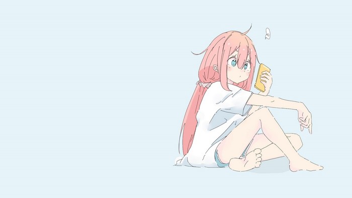 shorts, white t-shirt, light blue, pink hair, blue eyes