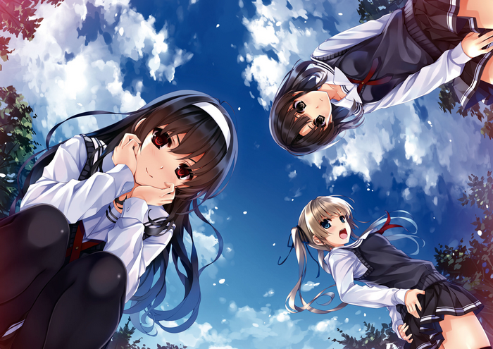 artwork, Sawamura Eriri Spencer, anime girls, Kasumigaoka Utaha, sky, red eyes, brown eyes, ash blonde, school uniform, black hair, Misaki Kurehito, anime, Saenai Heroine no Sodatekata, Katou Megumi, pantyhose, blue eyes