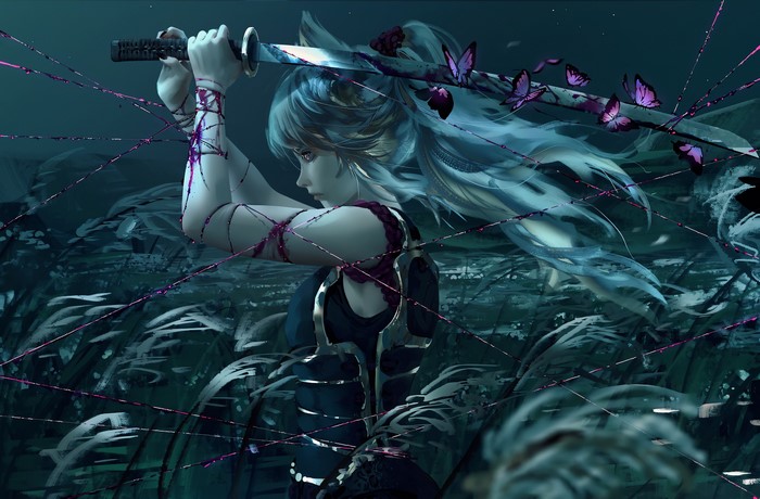 fantasy art, Nixeu, butterfly, artwork, women, katana, sword