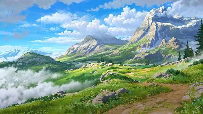 Mountain Landscape with Path and Lush Green Grass