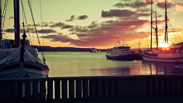 dock, sea, boat, landscape, sunset