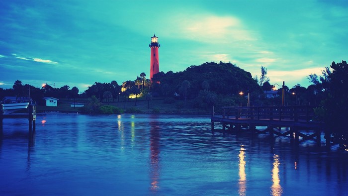 dock, trees, sea, lighthouse, landscape