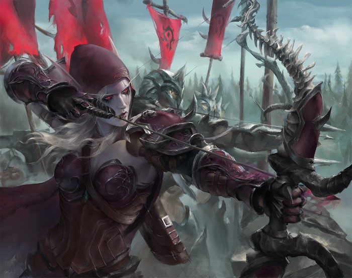 Warcraft, digital art, hoods, artwork, Sylvanas Windrunner, fictional character, World of Warcraft, elven, red eyes, pointed ears, Astri Lohne