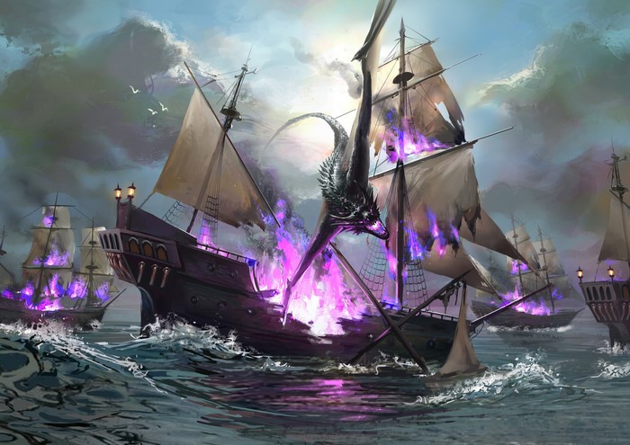 fantasy art, artwork, ship, sea, fire, sailing ship, dragon