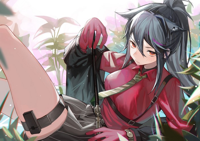 4K, artwork, Texas (Arknights), ponytail, animal ears, Krin, anime girls, anime, Arknights, dark hair