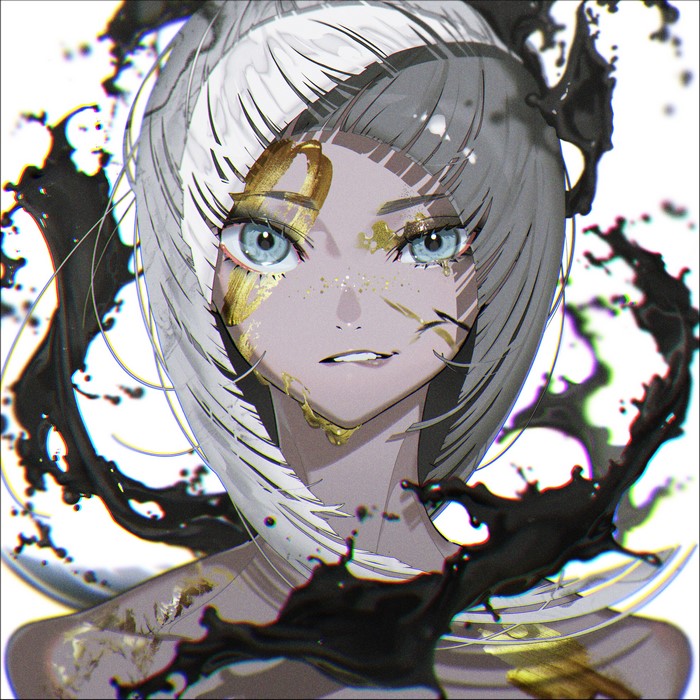 4K, two tone hair, gray eyes, white background, multi-colored hair, yoneyama mai, biting lip, gray hair, white hair