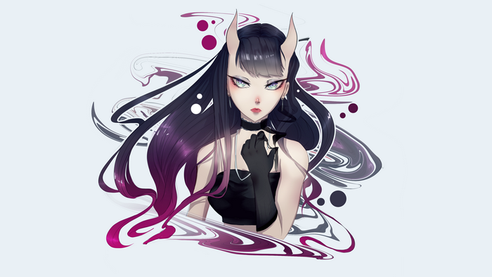4K, purple hair, PanosStamo, digital art, anime girls, blue eyes, illustration, black hair, white background, fantasy art, maid, anime
