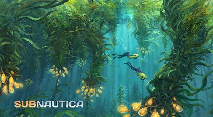 video game art, underwater, plants, divers, subnautica, video games, PC gaming