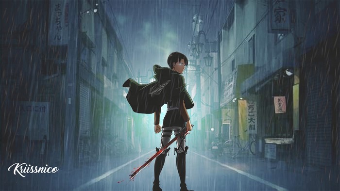 rain, city, sword, weapon, Shingeki no Kyojin, anime boys, anime, blood