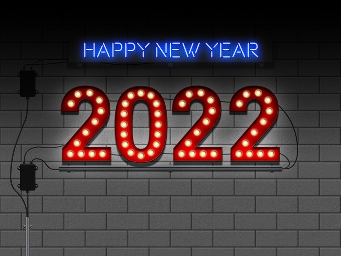 4K, neon sign, Happy New Year, 2022 (Year)