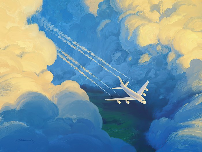 4K, painting, contrails, clouds, RHADS, airplane, Artem Chebokha, artwork, aircraft