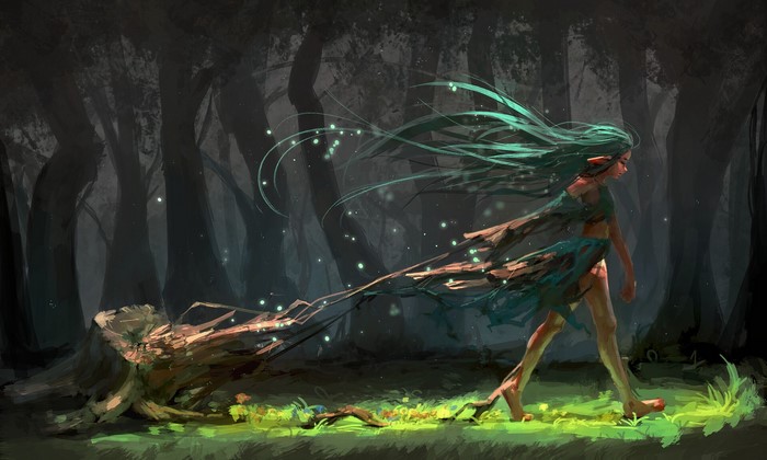 long hair, green hair, fantasy art, walking, forest, fantasy girl, artwork, trees, pointy ears