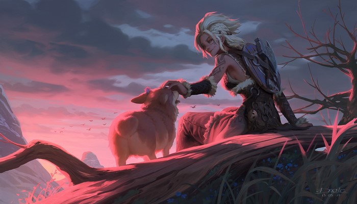 fantasy art, women outdoors, fantasy girl, mammals, Corgi, dog, sitting, animals, Dao Trong Le