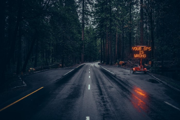 road, forest, wood, photography, road sign, surreal, GPS, wet road