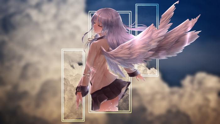 clouds, Angel Beats!, picture-in-picture, angel wings