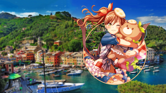 Megumin (KonoSuba), city, BanG Dream!, town, anime girls, anime, picture-in-picture, long hair, stuffed animal, Portofino, Imai Lisa, one eye closed, Italy, boat